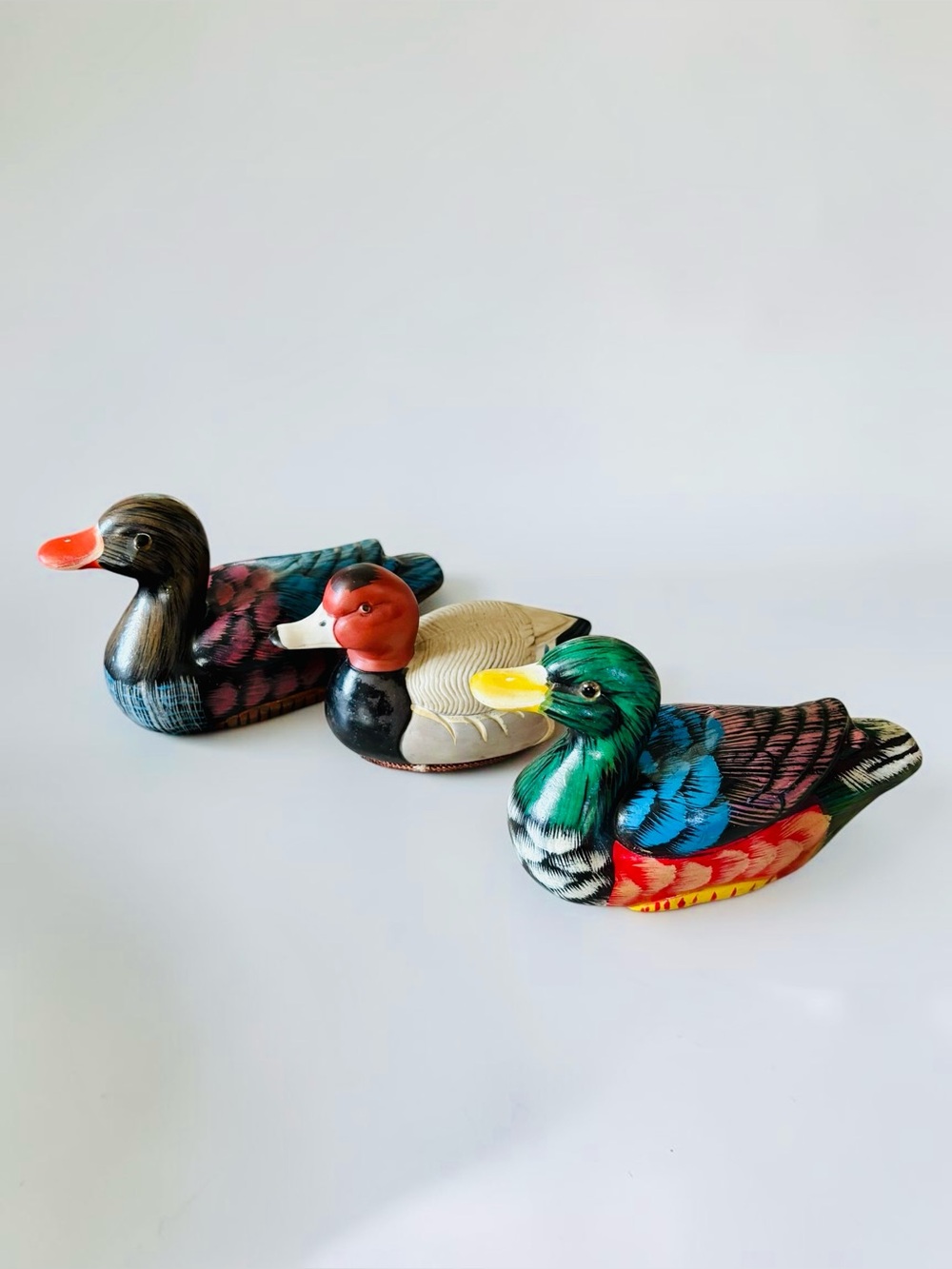 Vintage Hand Painted Wood Duck Decoys Set of 3 Folk Art China